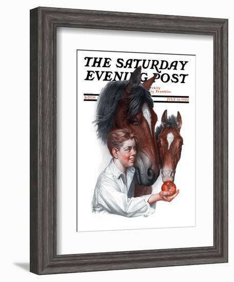 "Boy Feedy Apple to Horses," Saturday Evening Post Cover, July 14, 1923-Leslie Thrasher-Framed Giclee Print
