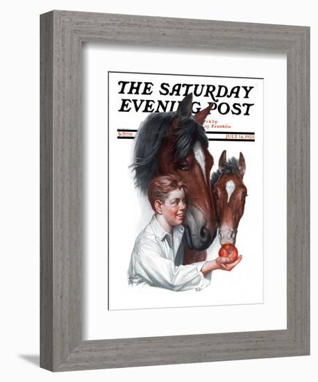 "Boy Feedy Apple to Horses," Saturday Evening Post Cover, July 14, 1923-Leslie Thrasher-Framed Giclee Print