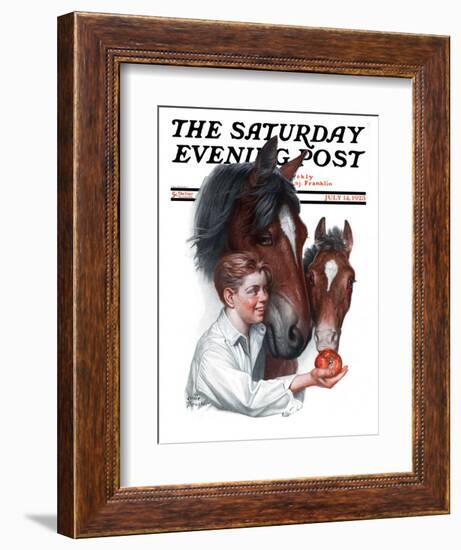 "Boy Feedy Apple to Horses," Saturday Evening Post Cover, July 14, 1923-Leslie Thrasher-Framed Giclee Print