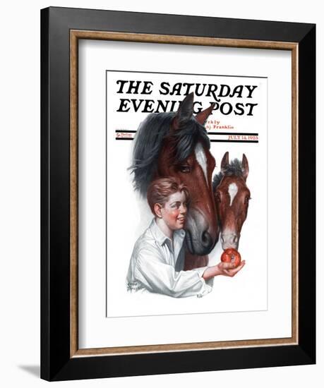 "Boy Feedy Apple to Horses," Saturday Evening Post Cover, July 14, 1923-Leslie Thrasher-Framed Giclee Print