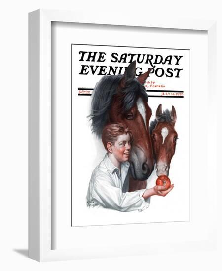 "Boy Feedy Apple to Horses," Saturday Evening Post Cover, July 14, 1923-Leslie Thrasher-Framed Giclee Print