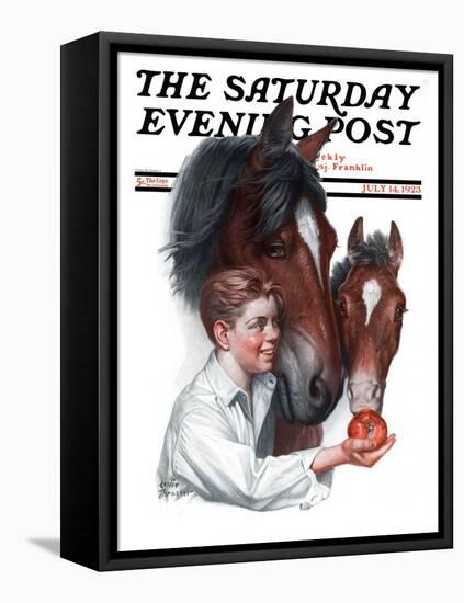 "Boy Feedy Apple to Horses," Saturday Evening Post Cover, July 14, 1923-Leslie Thrasher-Framed Premier Image Canvas