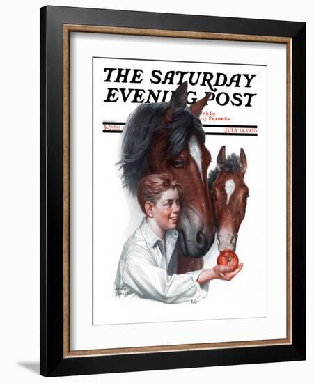 "Boy Feedy Apple to Horses," Saturday Evening Post Cover, July 14, 1923-Leslie Thrasher-Framed Giclee Print