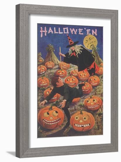 Boy Fleeing Witch and Leering Pumpkins-null-Framed Art Print