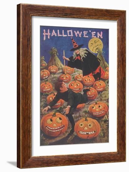 Boy Fleeing Witch and Leering Pumpkins-null-Framed Art Print