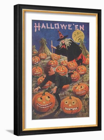 Boy Fleeing Witch and Leering Pumpkins-null-Framed Art Print