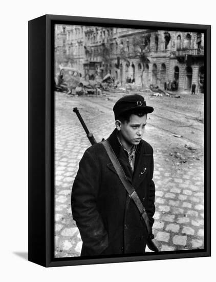 Boy Freedom Fighter Carrying Rifle During Hungarian Revolution Against Soviet Backed Government-Michael Rougier-Framed Premier Image Canvas