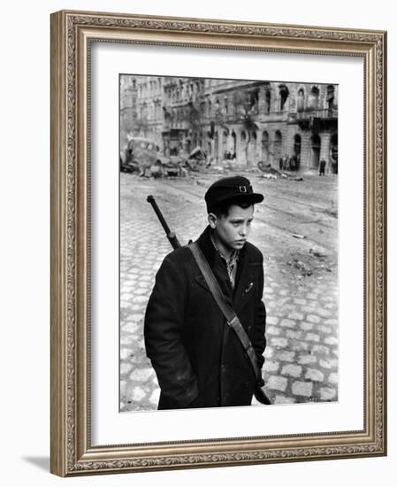 Boy Freedom Fighter Carrying Rifle During Hungarian Revolution Against Soviet Backed Government-Michael Rougier-Framed Photographic Print