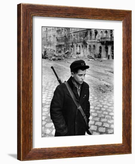 Boy Freedom Fighter Carrying Rifle During Hungarian Revolution Against Soviet Backed Government-Michael Rougier-Framed Photographic Print