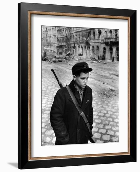 Boy Freedom Fighter Carrying Rifle During Hungarian Revolution Against Soviet Backed Government-Michael Rougier-Framed Photographic Print