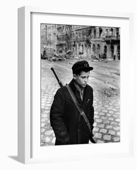 Boy Freedom Fighter Carrying Rifle During Hungarian Revolution Against Soviet Backed Government-Michael Rougier-Framed Photographic Print