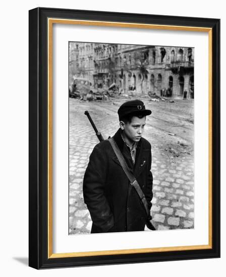 Boy Freedom Fighter Carrying Rifle During Hungarian Revolution Against Soviet Backed Government-Michael Rougier-Framed Photographic Print
