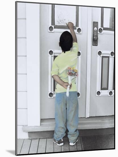 Boy Holding a Bouquet of Flowers Behind His Back While Knocking on the Door-Nora Hernandez-Mounted Giclee Print