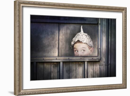 Boy in a Tin Foil Hat Peeking Out of a Window-soupstock-Framed Art Print