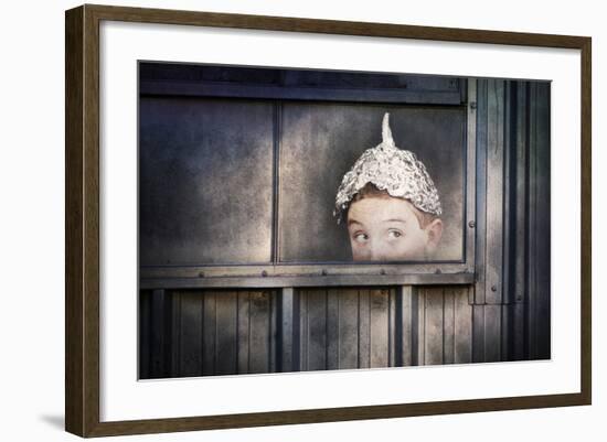 Boy in a Tin Foil Hat Peeking Out of a Window-soupstock-Framed Art Print