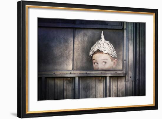 Boy in a Tin Foil Hat Peeking Out of a Window-soupstock-Framed Art Print
