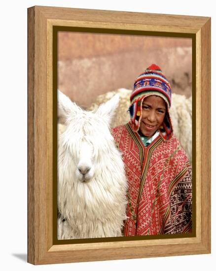 Boy in Costume with Llamas, Cuzco, Peru-Bill Bachmann-Framed Premier Image Canvas