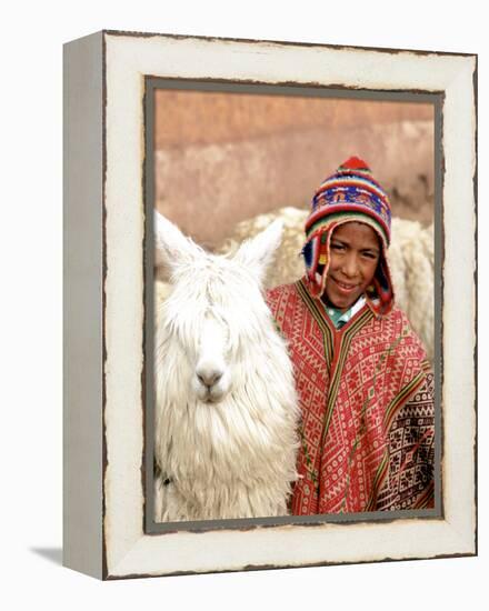 Boy in Costume with Llamas, Cuzco, Peru-Bill Bachmann-Framed Premier Image Canvas