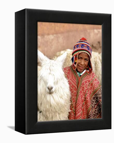 Boy in Costume with Llamas, Cuzco, Peru-Bill Bachmann-Framed Premier Image Canvas