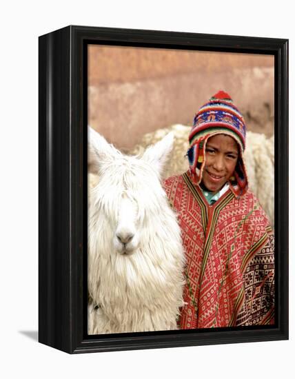 Boy in Costume with Llamas, Cuzco, Peru-Bill Bachmann-Framed Premier Image Canvas