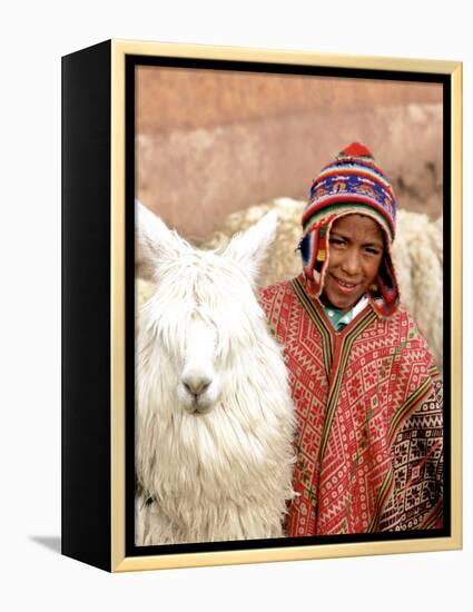 Boy in Costume with Llamas, Cuzco, Peru-Bill Bachmann-Framed Premier Image Canvas