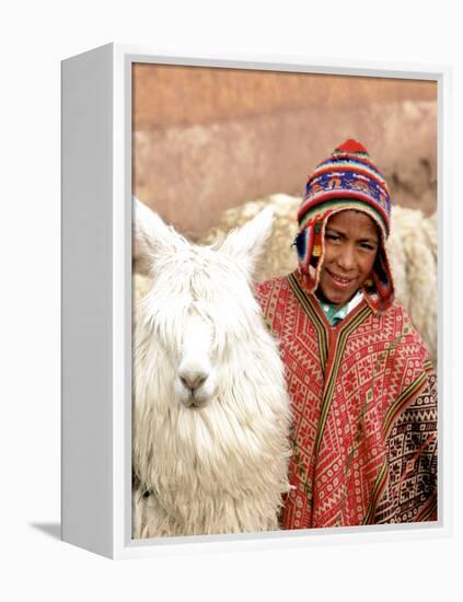 Boy in Costume with Llamas, Cuzco, Peru-Bill Bachmann-Framed Premier Image Canvas