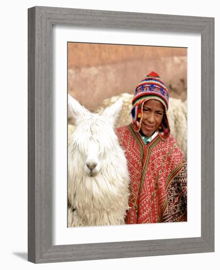 Boy in Costume with Llamas, Cuzco, Peru-Bill Bachmann-Framed Photographic Print