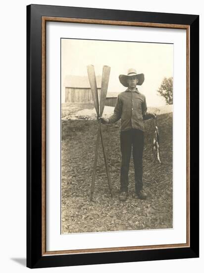 Boy in Hat with Fish and Oars-null-Framed Art Print