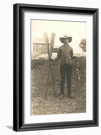 Boy in Hat with Fish and Oars-null-Framed Art Print