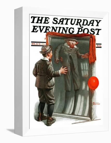 "Boy in Mirror" or "Distortion" Saturday Evening Post Cover, August 13,1921-Norman Rockwell-Framed Premier Image Canvas