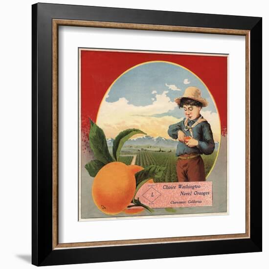 Boy in Orchard - Claremont, California - Citrus Crate Label-Lantern Press-Framed Art Print