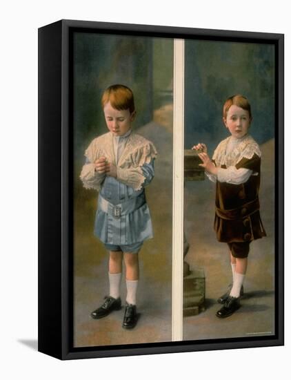 Boy Modeling in Pale Blue Satin and Brown Velvet with Lace accents from La Grande Maison-Henri Manuel-Framed Premier Image Canvas