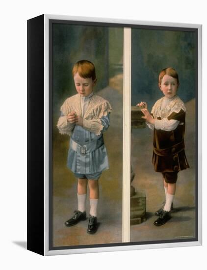 Boy Modeling in Pale Blue Satin and Brown Velvet with Lace accents from La Grande Maison-Henri Manuel-Framed Premier Image Canvas