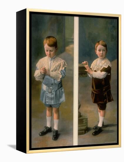 Boy Modeling in Pale Blue Satin and Brown Velvet with Lace accents from La Grande Maison-Henri Manuel-Framed Premier Image Canvas