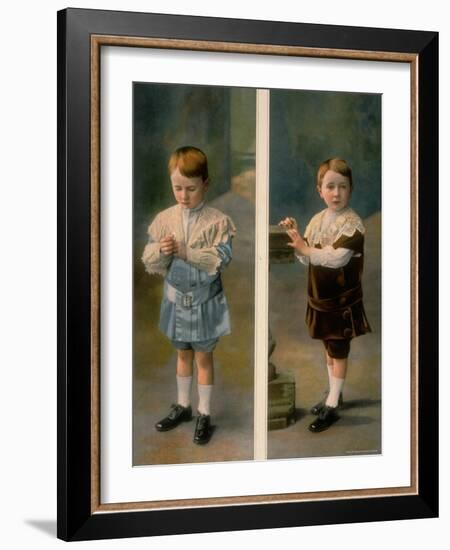 Boy Modeling in Pale Blue Satin and Brown Velvet with Lace accents from La Grande Maison-Henri Manuel-Framed Photographic Print