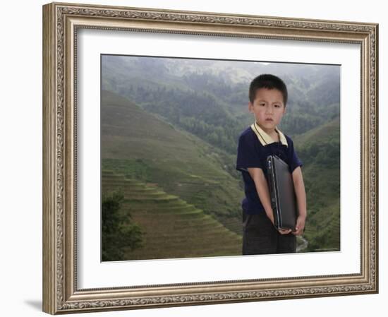 Boy of Yao Mountain Tribe Minority with Laptop, China-Angelo Cavalli-Framed Photographic Print