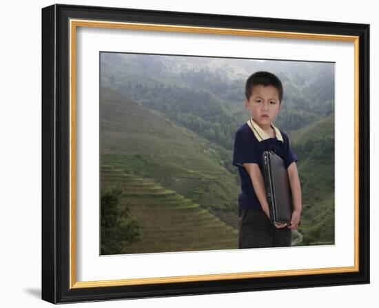 Boy of Yao Mountain Tribe Minority with Laptop, China-Angelo Cavalli-Framed Photographic Print