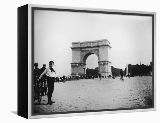 Boy on Bike as Hundreds Ride Bikes Through the Arch at Prospect Park During a Bicycle Parade-Wallace G^ Levison-Framed Premier Image Canvas