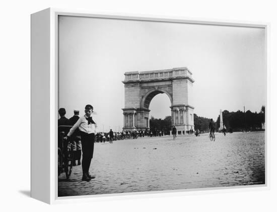 Boy on Bike as Hundreds Ride Bikes Through the Arch at Prospect Park During a Bicycle Parade-Wallace G^ Levison-Framed Premier Image Canvas