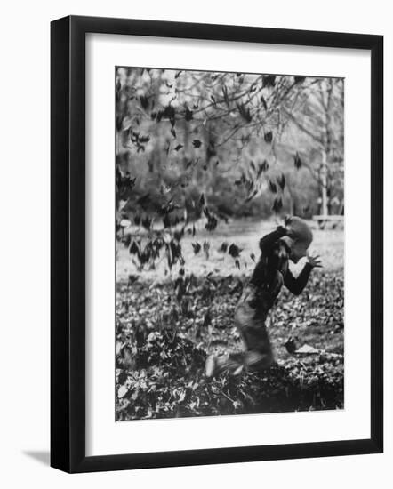 Boy Playing in a Pile of Autumn Leaves-Allan Grant-Framed Photographic Print