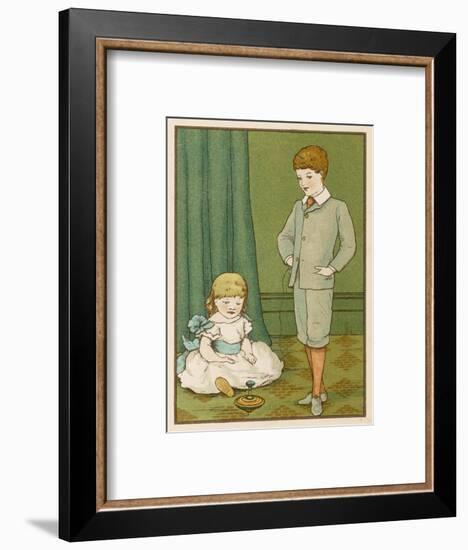 Boy Plays with His Humming Top While His Little Sister Watches-null-Framed Art Print