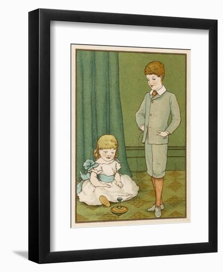 Boy Plays with His Humming Top While His Little Sister Watches-null-Framed Art Print