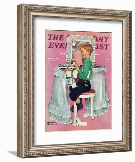 "Boy Reading his Sister's Diary" Saturday Evening Post Cover, March 21,1942-Norman Rockwell-Framed Giclee Print