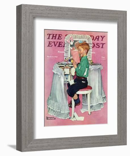 "Boy Reading his Sister's Diary" Saturday Evening Post Cover, March 21,1942-Norman Rockwell-Framed Giclee Print