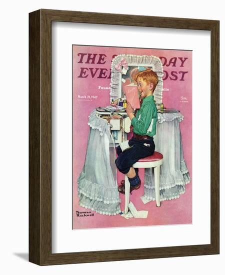 "Boy Reading his Sister's Diary" Saturday Evening Post Cover, March 21,1942-Norman Rockwell-Framed Giclee Print