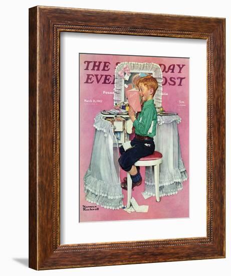 "Boy Reading his Sister's Diary" Saturday Evening Post Cover, March 21,1942-Norman Rockwell-Framed Giclee Print