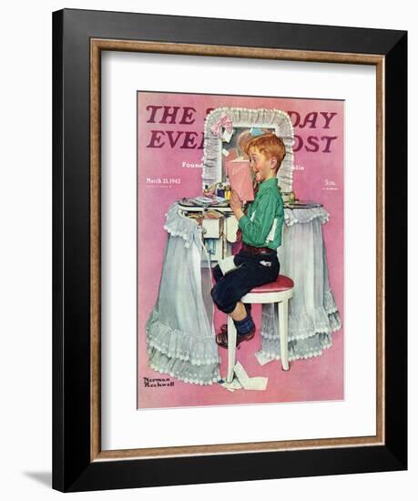 "Boy Reading his Sister's Diary" Saturday Evening Post Cover, March 21,1942-Norman Rockwell-Framed Giclee Print