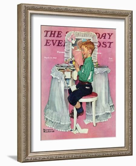 "Boy Reading his Sister's Diary" Saturday Evening Post Cover, March 21,1942-Norman Rockwell-Framed Giclee Print