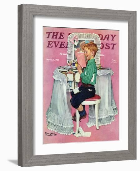 "Boy Reading his Sister's Diary" Saturday Evening Post Cover, March 21,1942-Norman Rockwell-Framed Giclee Print