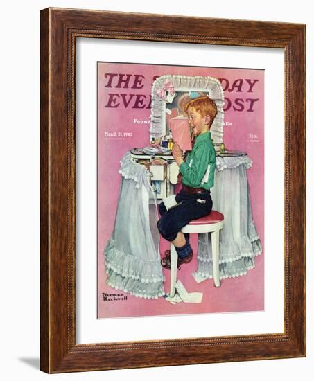 "Boy Reading his Sister's Diary" Saturday Evening Post Cover, March 21,1942-Norman Rockwell-Framed Giclee Print